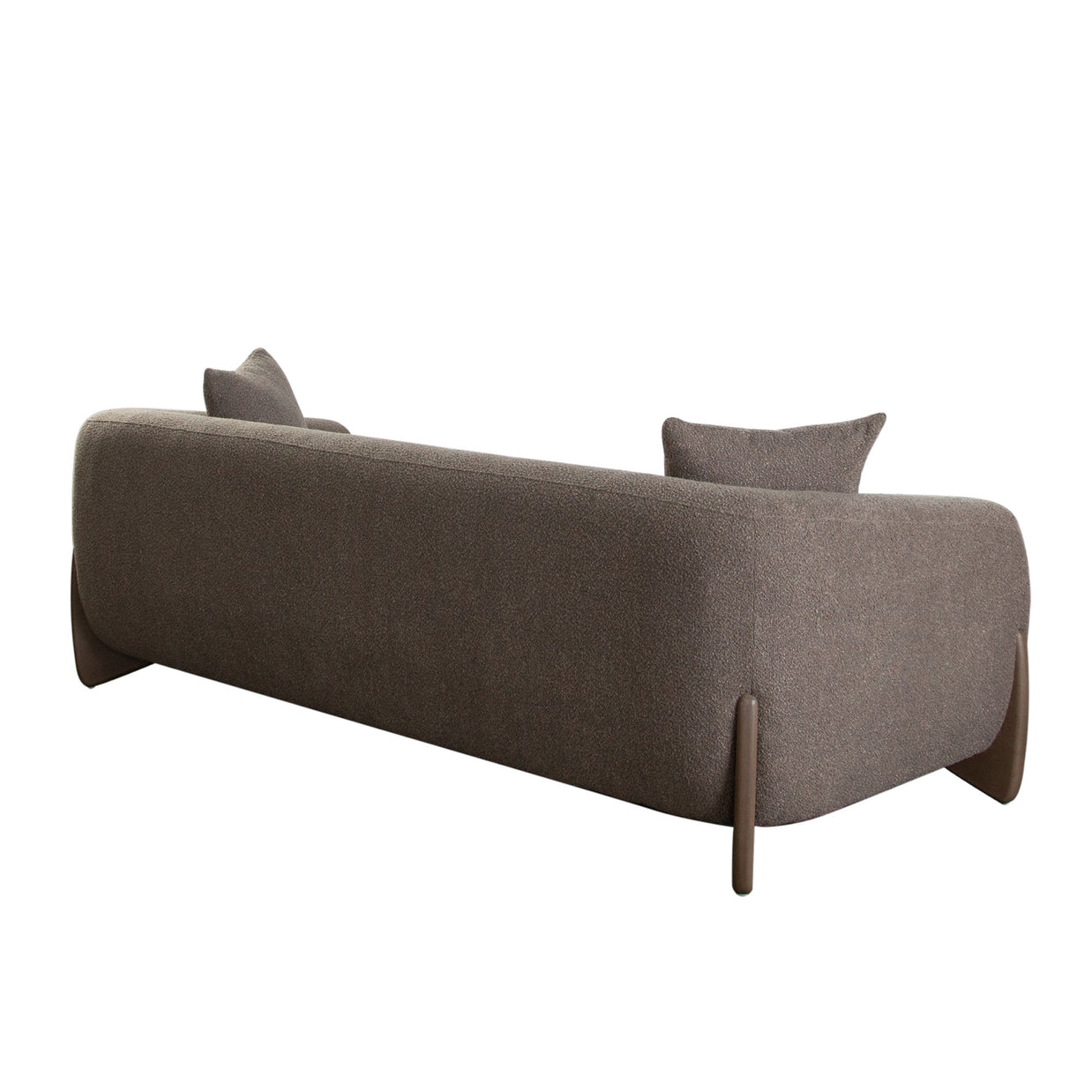 Back angle view of toffee brown sofa with wood legs