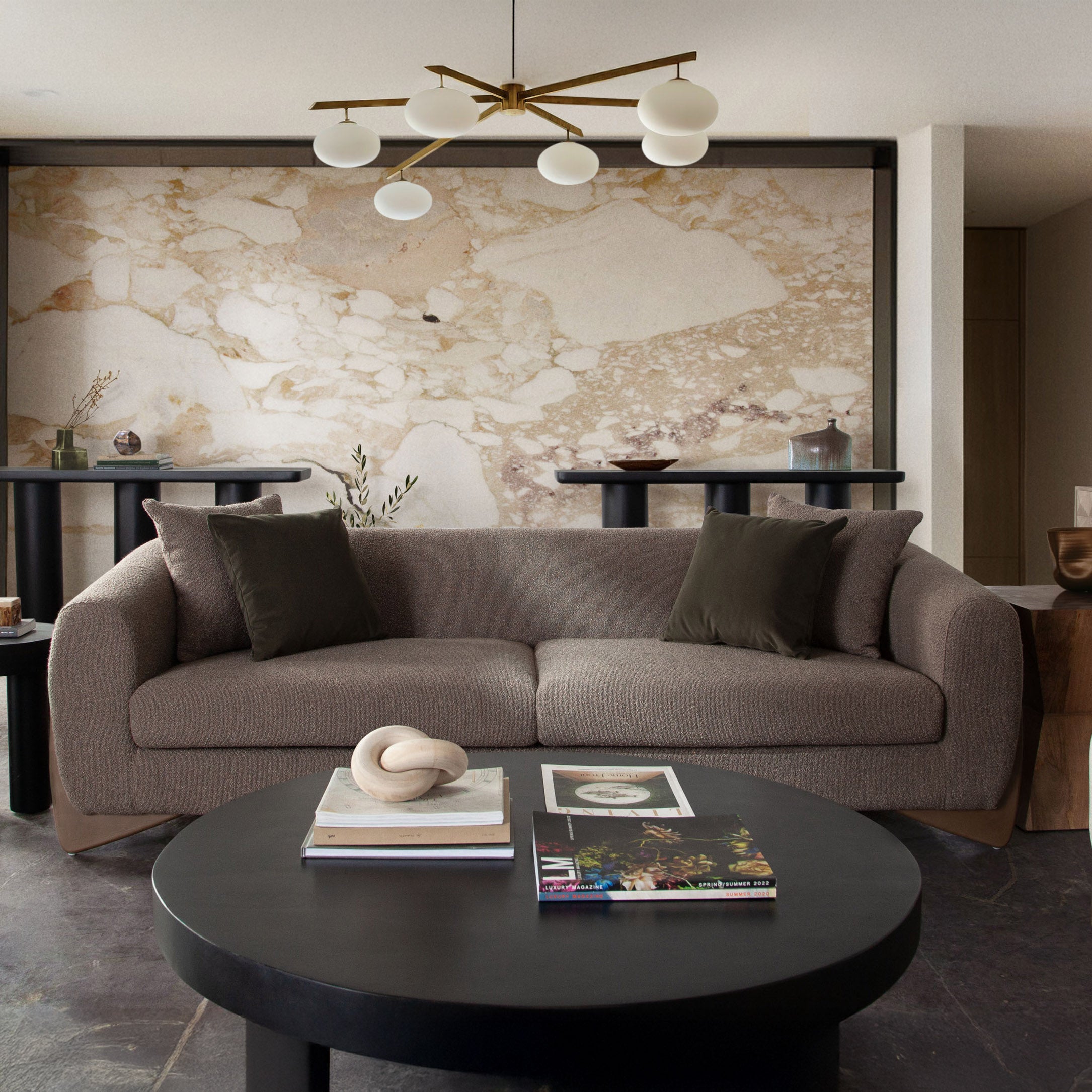 Toffee brown sofa in styled living room setting