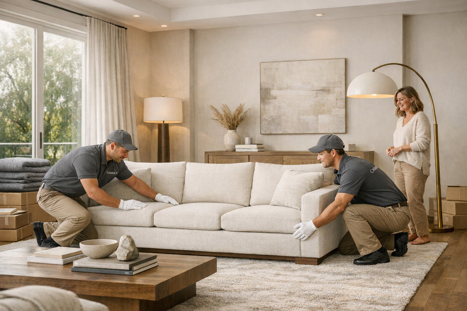 White glove delivery service, two delivery men delivering a sofa with a happy client in the back