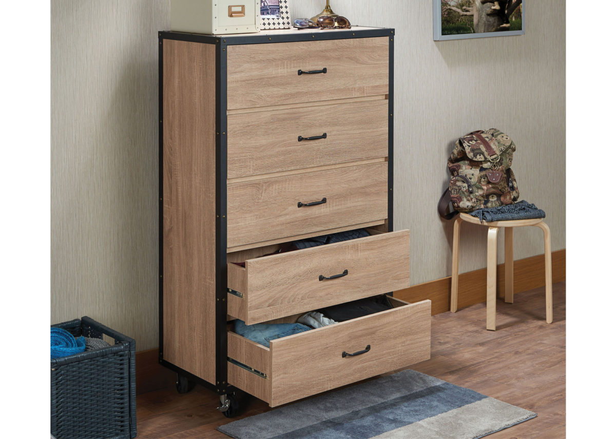 Weathered Oak Chest of Drawers on Casters Lifestyle