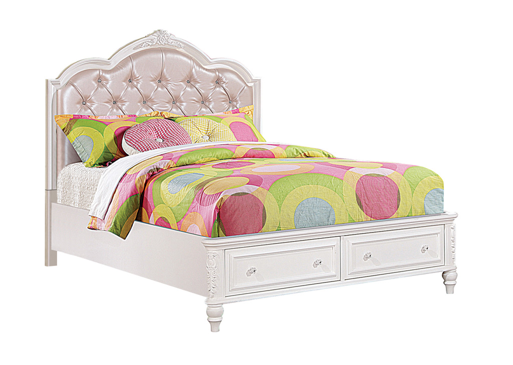 Glam Pink & White Finish Youth Bed Frame with Storage