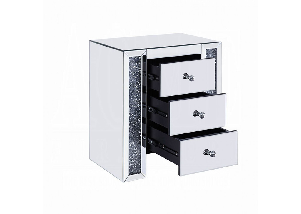 Mirrored 3-Drawer Nightstand w/Faux Mirror Inlay