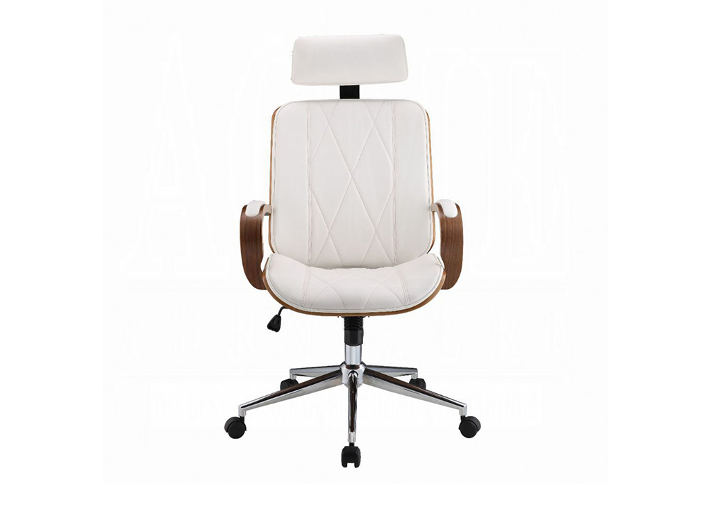 Contemporary White Faux Leather & Walnut Finish Office Chair