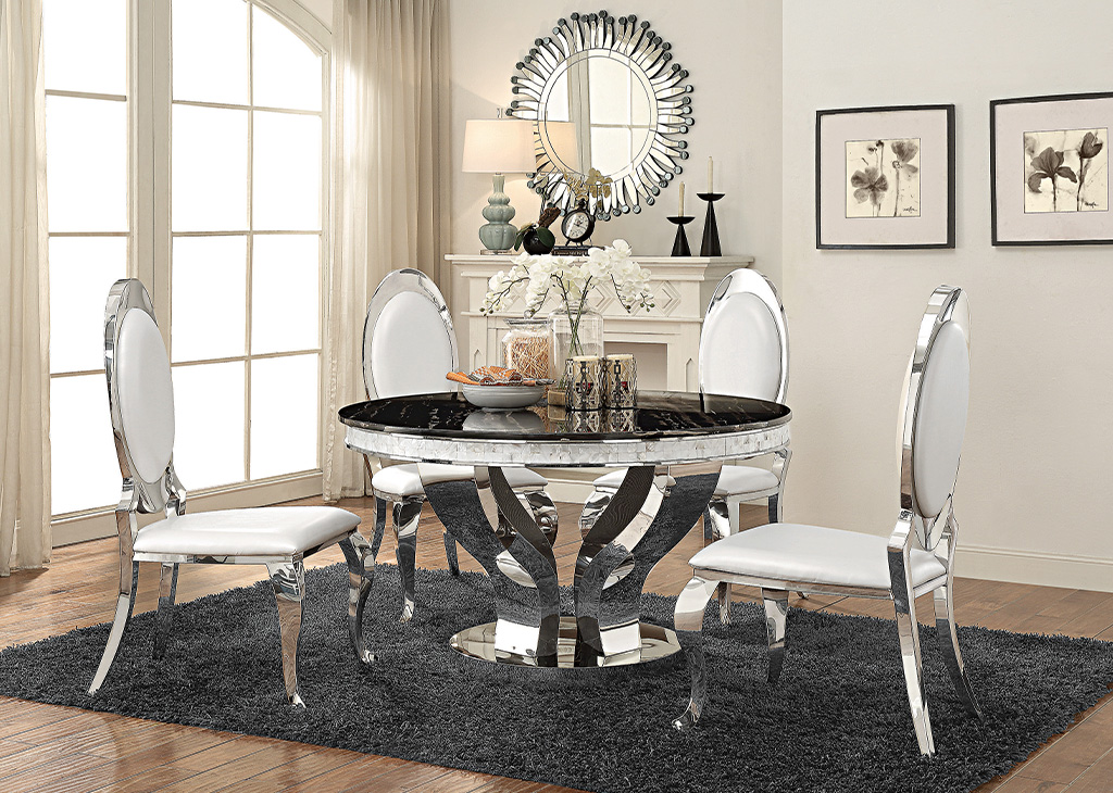 Glam Round Marble Dining Table, Glam Dining Room Set With Bench