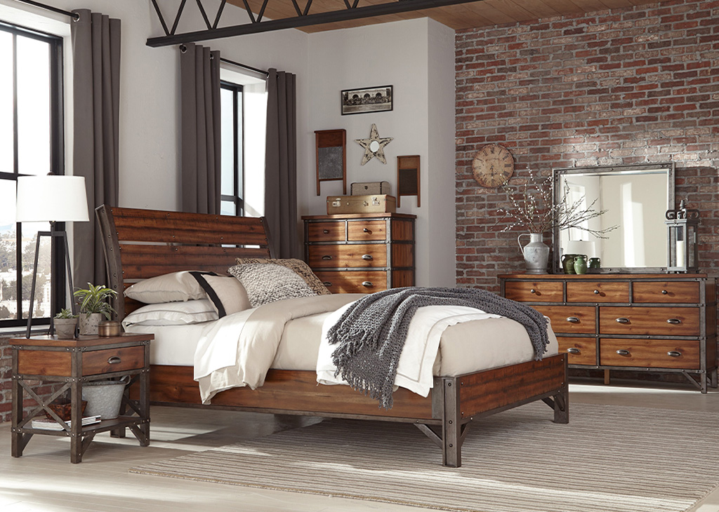 Industrial-Inspired Wood Queen 5 PC Bedroom Set - Caravana Furniture