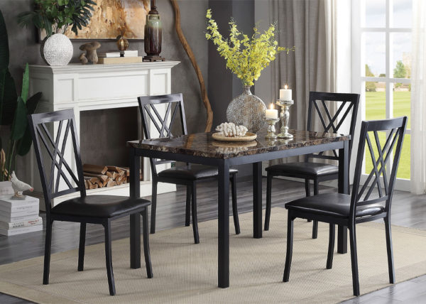 Transitional Faux Marble & Black 5 PC Dining Set