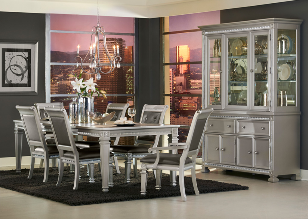 Regal Glam Silver 7 Pc Dining Set, Glam Dining Room Set With Bench