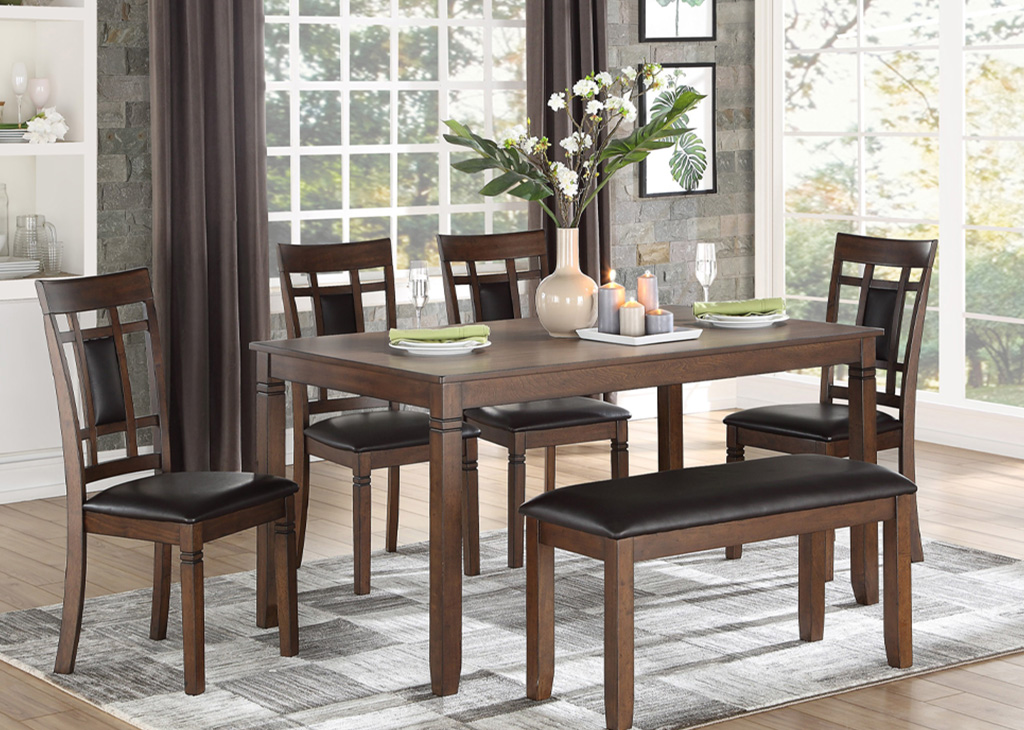 Transitional Cherry & Brown Faux Leather 6 PC Dining Set
