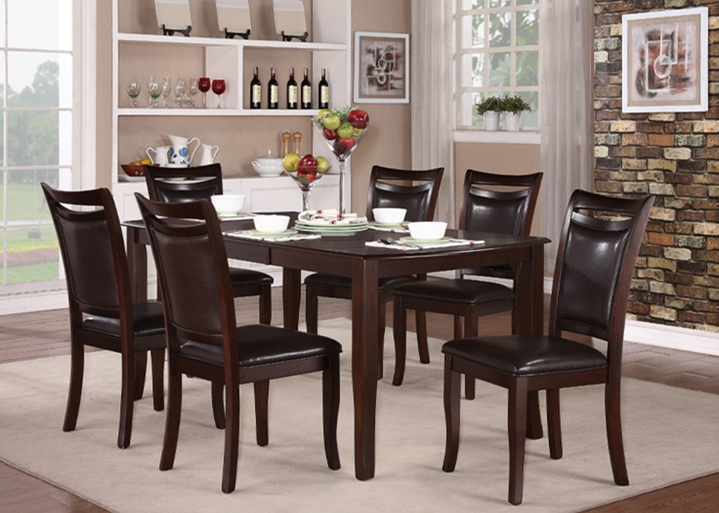 Transitional Dark Cherry & Faux Leather 7 PC Dining Set