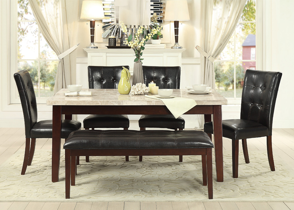 Transitional White Marble & Faux Leather 5 PC Dining Set