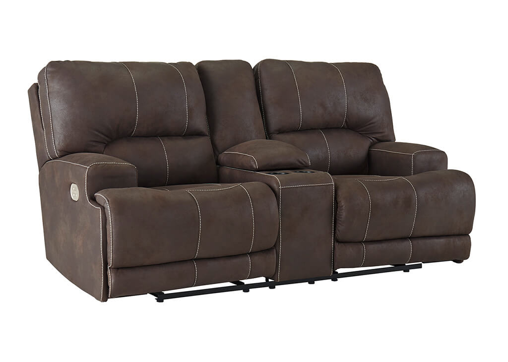 Brown Power Recliner Loveseat w/ Contrast Stitching
