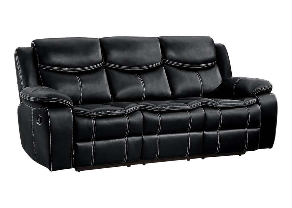 Faux Leather Recliner Sofa w/ Contrast Stitching in Black
