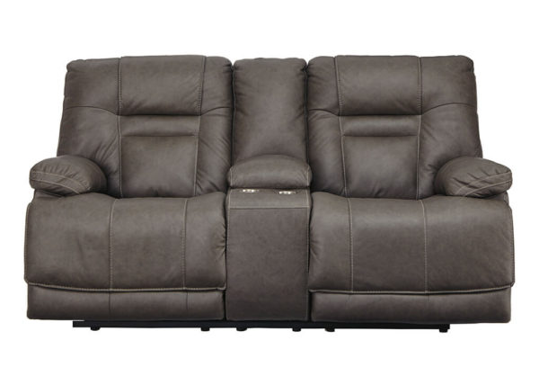 Leather Match Power Recliner Loveseat in Gray