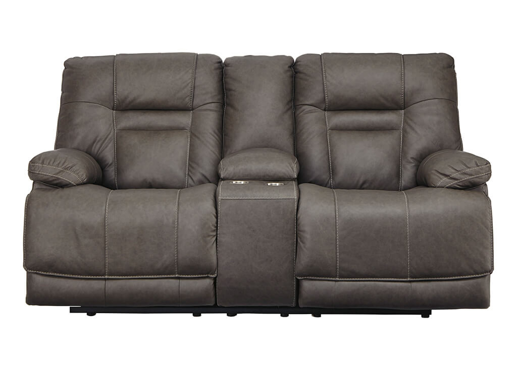Leather Match Power Recliner Loveseat in Gray