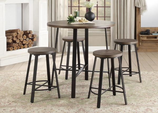 Round Brown & Gray Metal 5 PC Counter Height Set