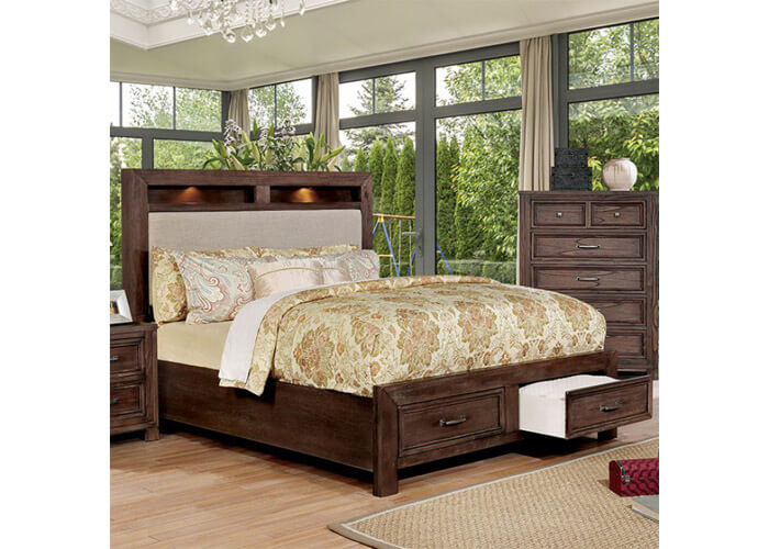 Queen Weathered Upholstered Bed Frame in Brown
