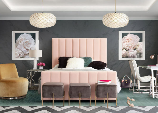 Art Deco Inspired Channel Tufted Bed in Pink