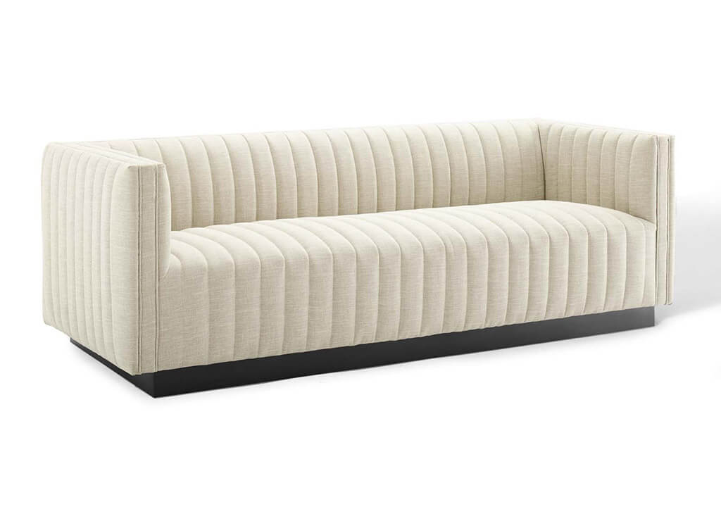 Channel Tufted Fabric Sofa in Beige