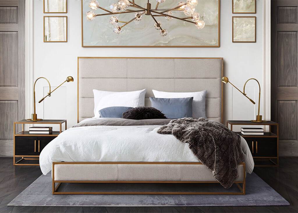 Contemporary Upholstered & Metal Bed in Beige
