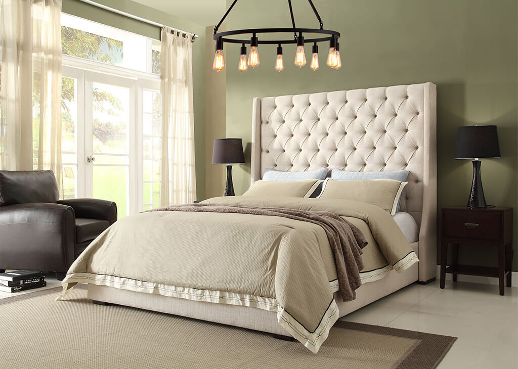 Upholstered Button Tufted Linen Bed in Beige