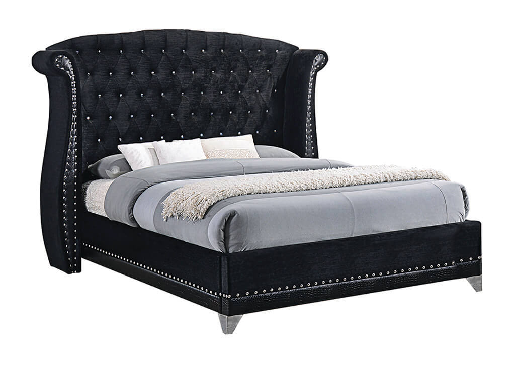 Black Velvet & Crocodile Leatherette Queen Bed Frame