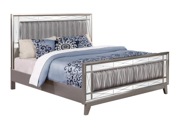 Glam Metallic Gray Leatherette Queen Bed Frame