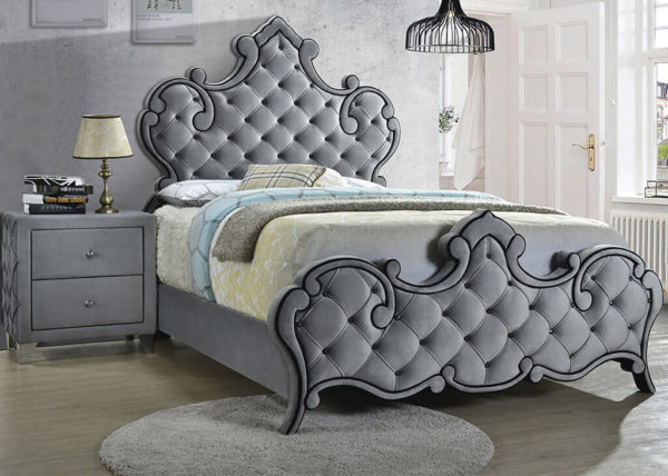 Gray Velvet & Rhinestone Tufted Queen Bed Frame