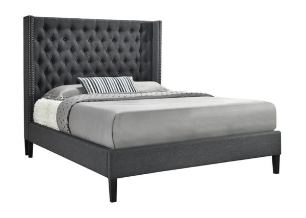 Queen Button Tufted & Nailhead Bed Frame in Charcoal