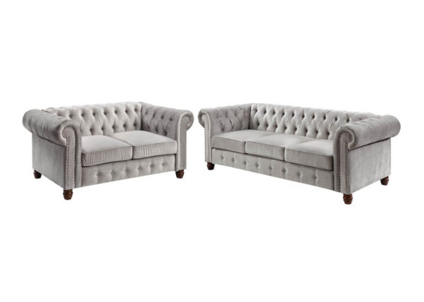 Velvet Chesterfield Style Sofa & Loveseat Set in Gray