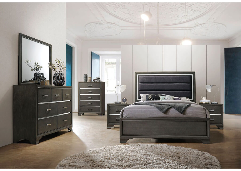 Gray Padded & Upholstered 4 PC Bedroom Set
