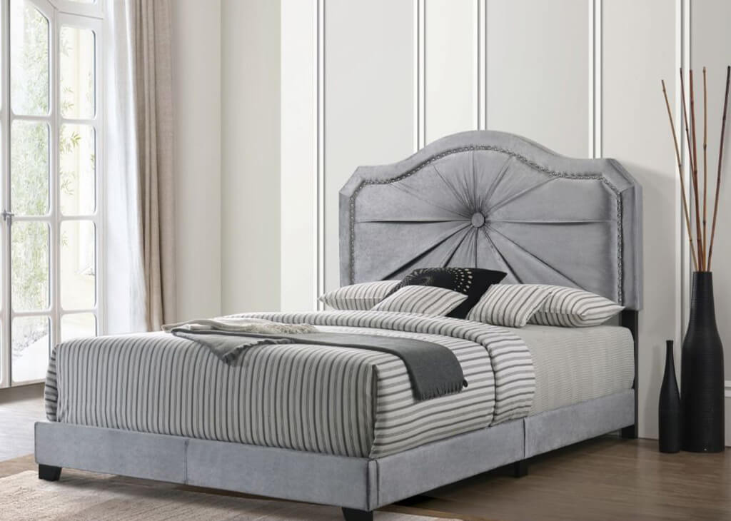 Gray Vintage-Inspired Velvet Queen Bed