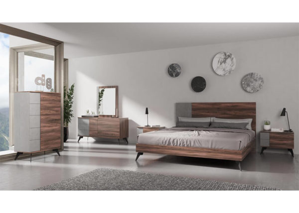 Queen & Faux Concrete Mid-Century 5 PC Bedroom Set