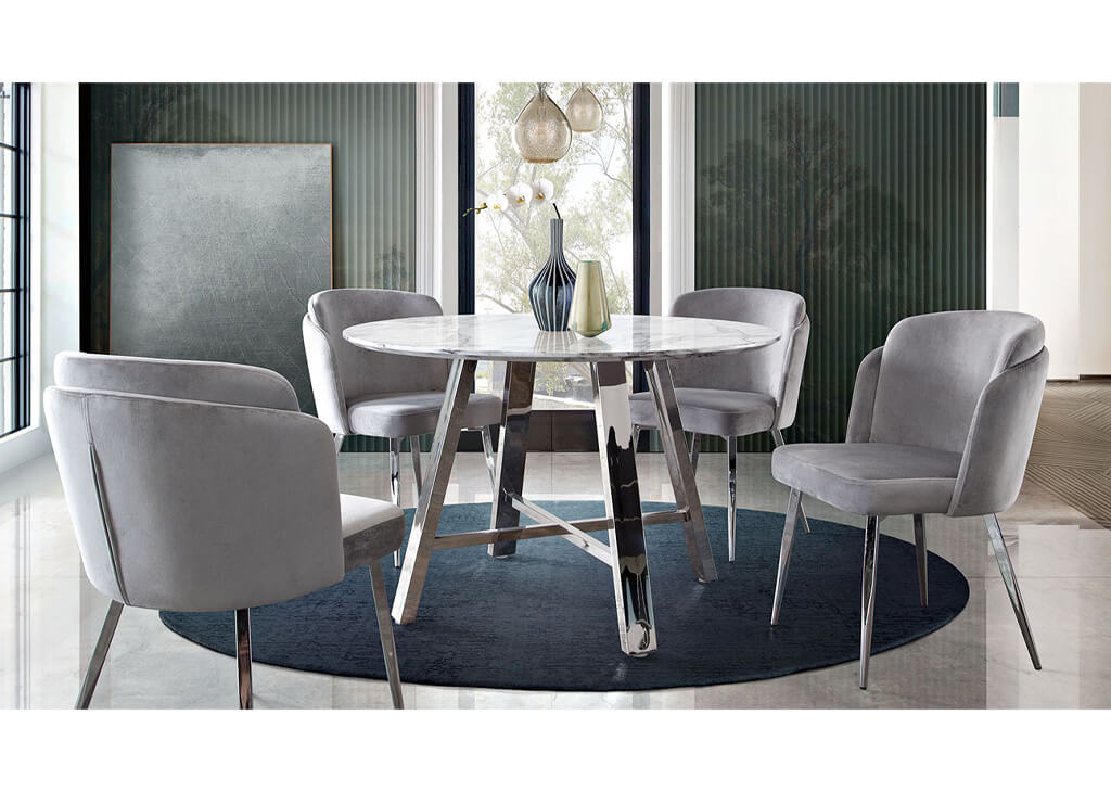 Round Faux Marble Gray Velvet 5 Pc, Round Dining Table With Grey Velvet Chairs