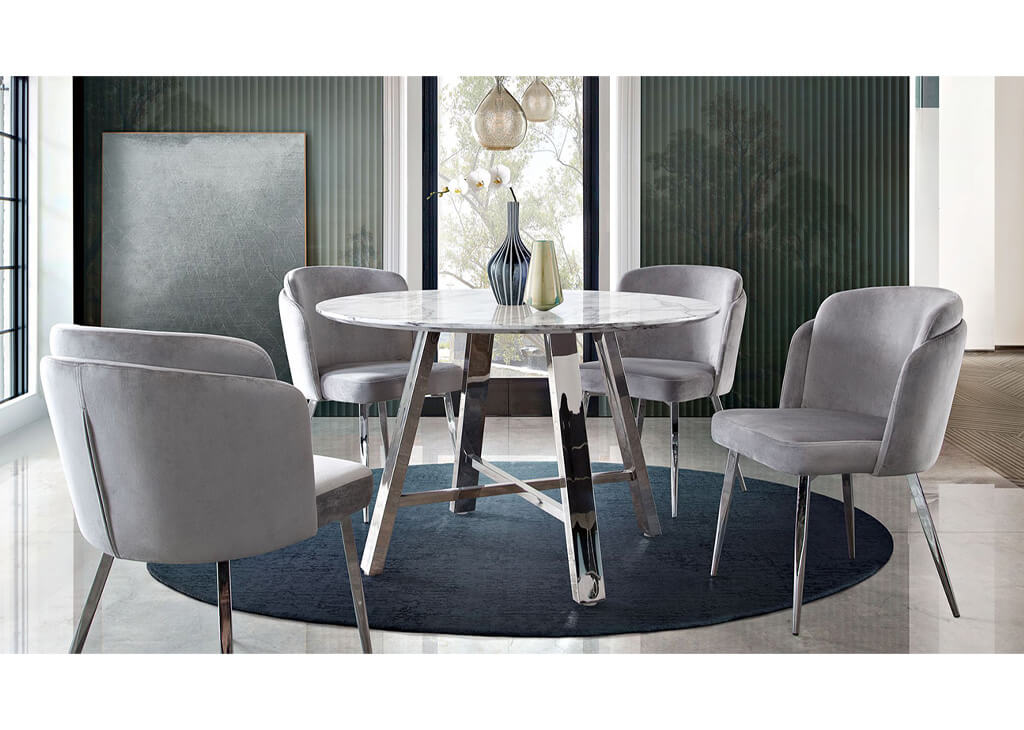 Round Faux Marble & Gray Velvet 5 PC Dining Set