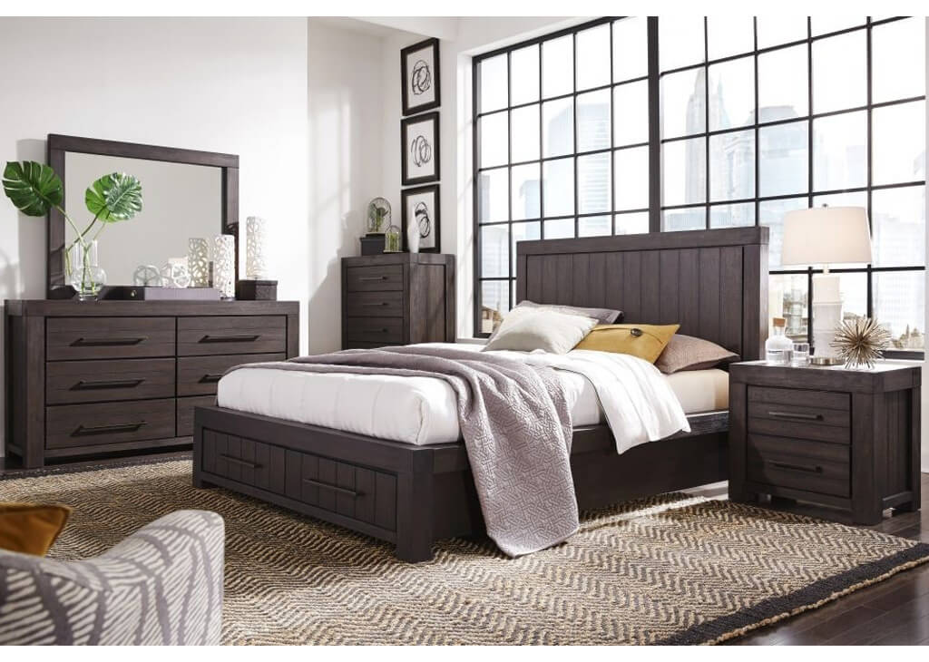 Queen Storage Basalt Gray Solid Acacia 5 PC Bedroom Set