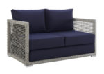 Gray & Navy Outdoor Wicker Rattan Loveseat