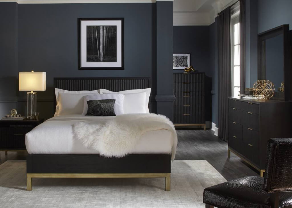 Modern Queen Black Oak & Brass 5 PC Bedroom Set