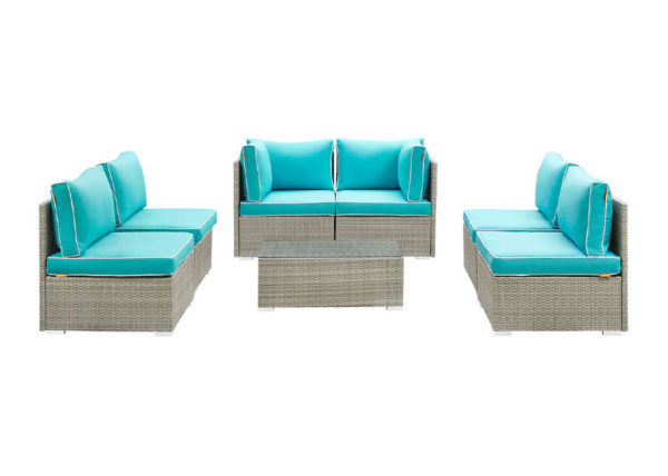 Outdoor Light Gray Faux Rattan 7 PC Set in Turquoise