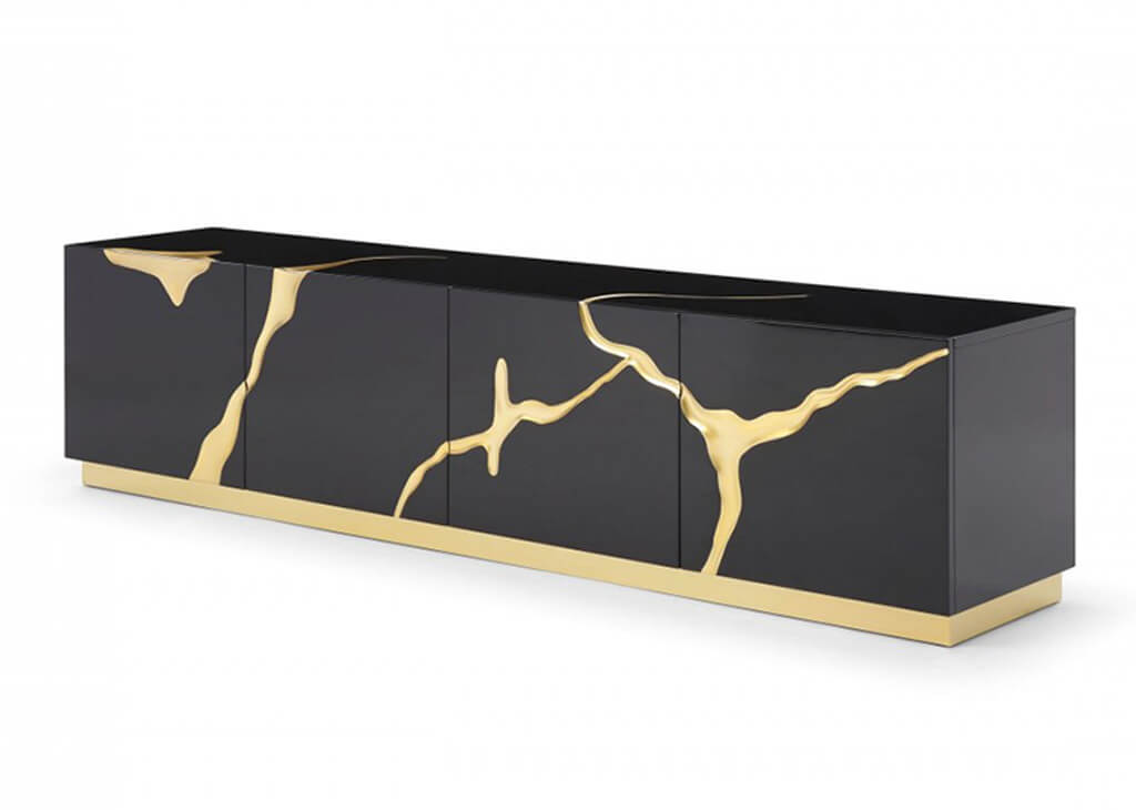 High Gloss & Gold TV Stand in Black