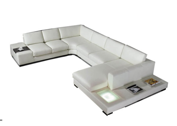 White Faux Leather Sectional w/ End Table