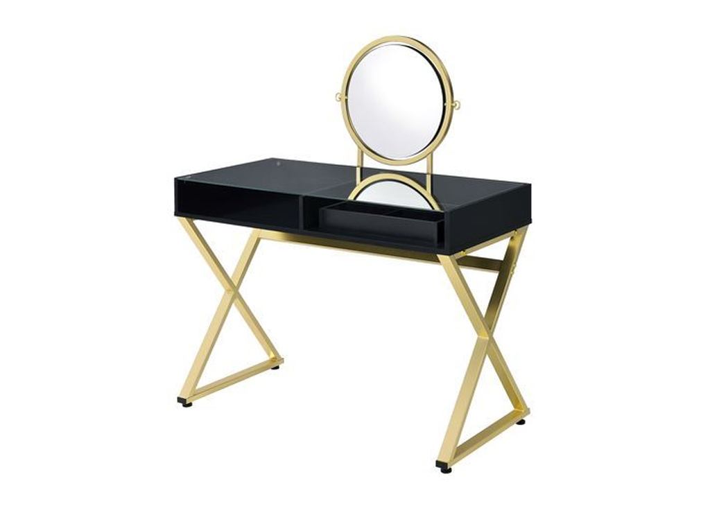 Gold Metal & Black Vanity Set W/ Jewelry Box and round mirror Top Facing