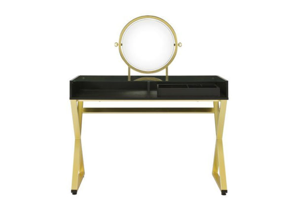 Gold Metal & Black Vanity Set W/ Jewelry Box and round mirror Front Facing