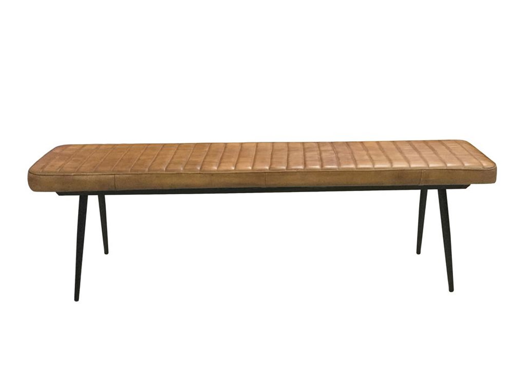 espresso finish hand-dyed goat leather & metal legs front facing bench