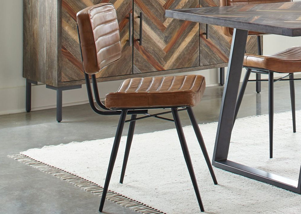 espresso finish hand-dyed goat leather & metal legs side facing chair view
