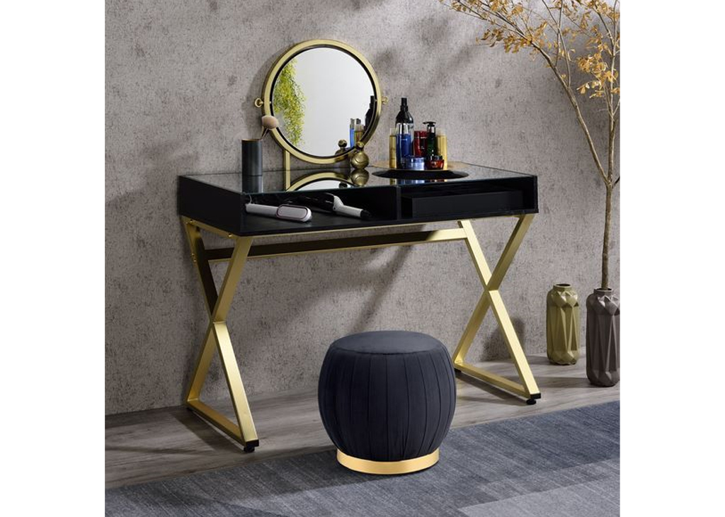 Gold Metal & Black Vanity Set W/ Jewlery Box