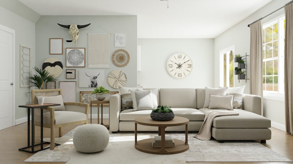 A light living room of contemporary coastal style with a light grey sectional, white chair, and brown contemporary coastal table