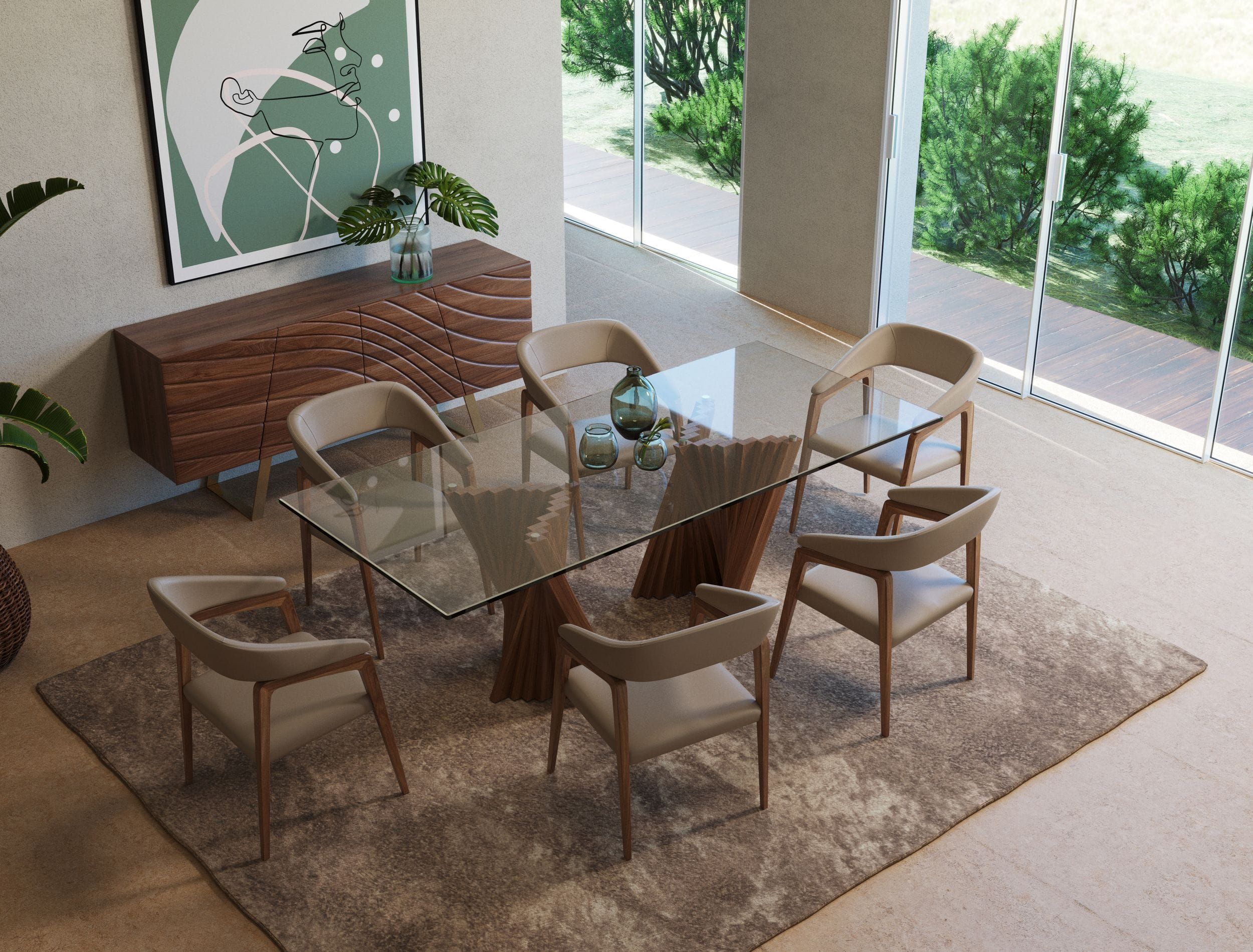 Brown leather chairs around glass and wood dining table