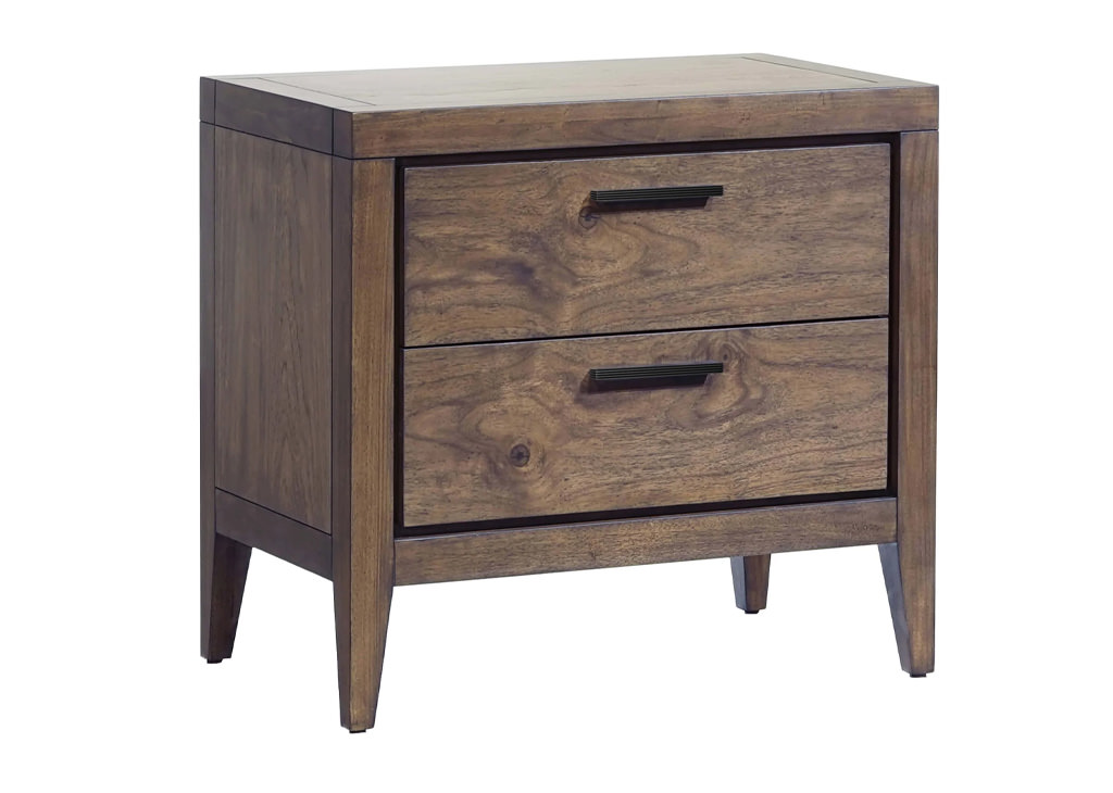 Mid-century mahogany colored nightstand with 2 drawers, black bar pulls, and 2 USB port integrated charger