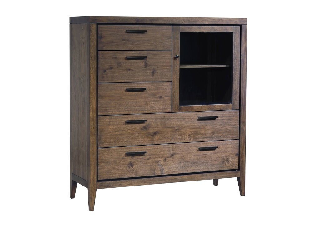 Mid-Century style mahogany solid wood sweater chest with 5 drawers and 1 glass-door cabinet