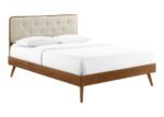 Splayed legs wooden bedframe with upholstered button tufted headboard with adjustable size notches to accommodate mattress sizes